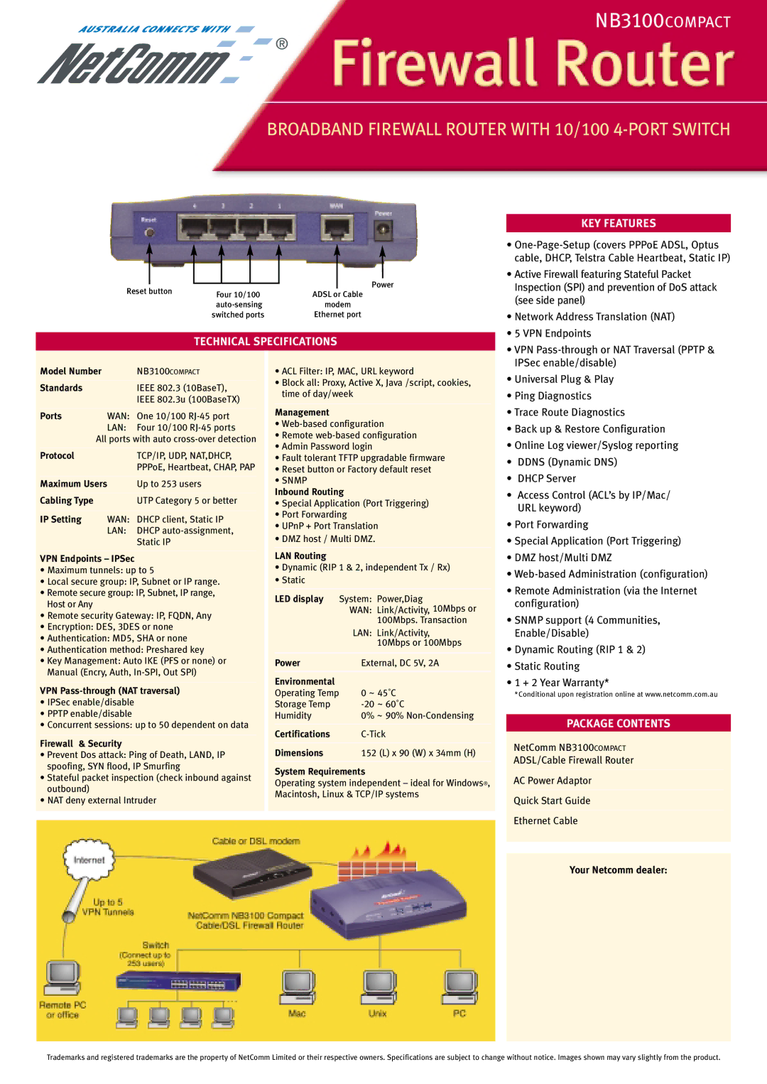 NetComm NB3100 manual Technical Specifications KEY Features, Package Contents 