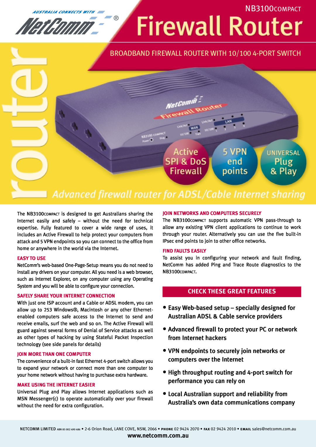 NetComm manual BROADBAND FIREWALL ROUTER WITH 10/100 4-PORT SWITCH, NB3100COMPACT, Check These Great Features 
