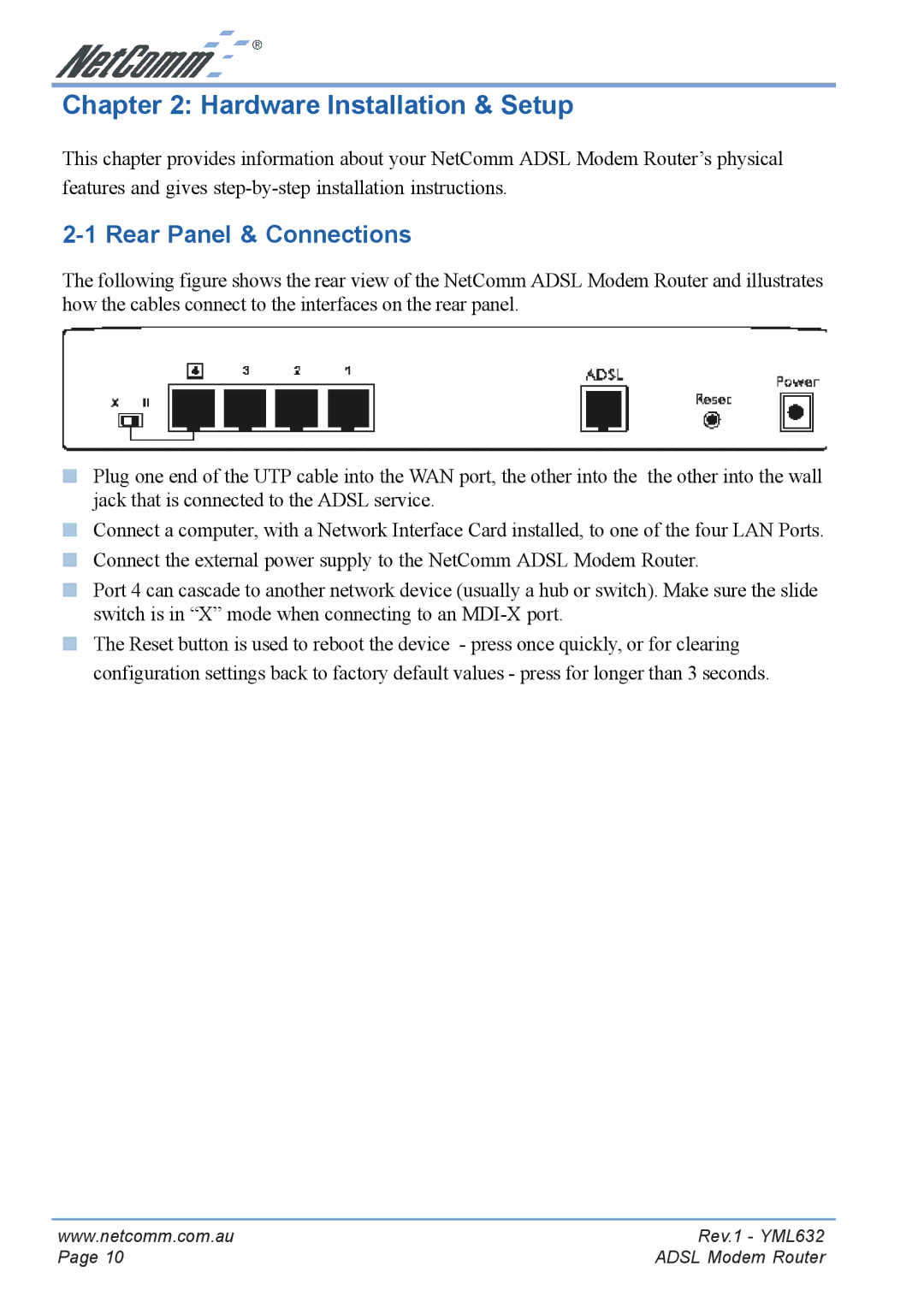 NetComm NB3300 manual Hardware Installation & Setup, Rear Panel & Connections 