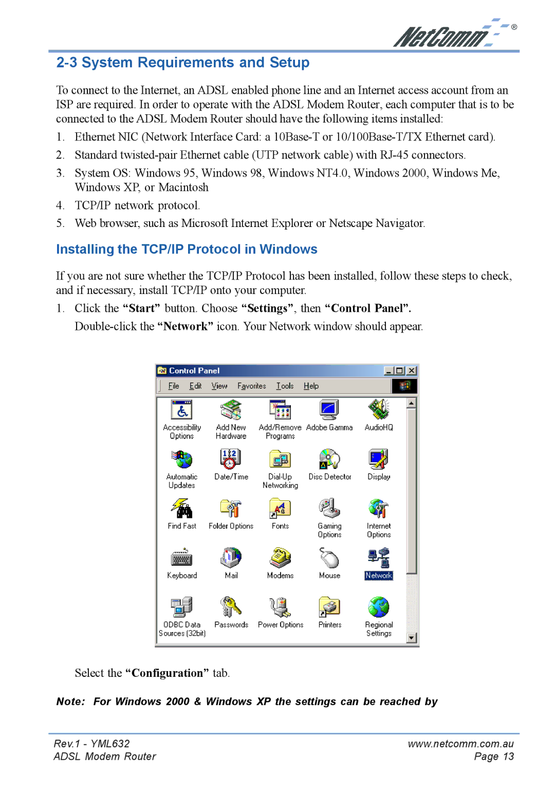 NetComm NB3300 manual System Requirements and Setup, Installing the TCP/IP Protocol in Windows 