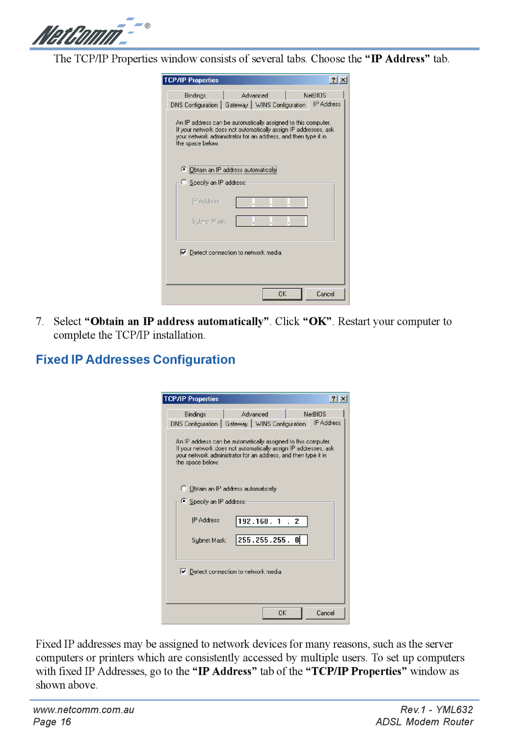 NetComm NB3300 manual Fixed IP Addresses Configuration 