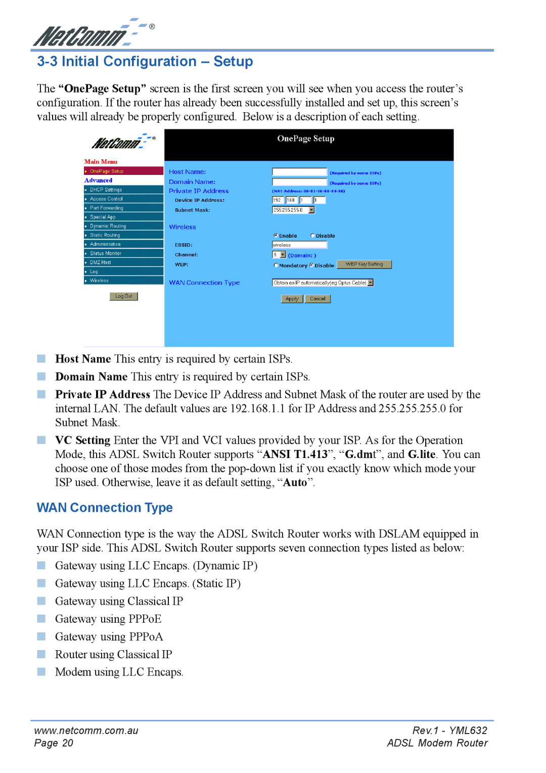 NetComm NB3300 manual Initial Configuration Setup, WAN Connection Type 