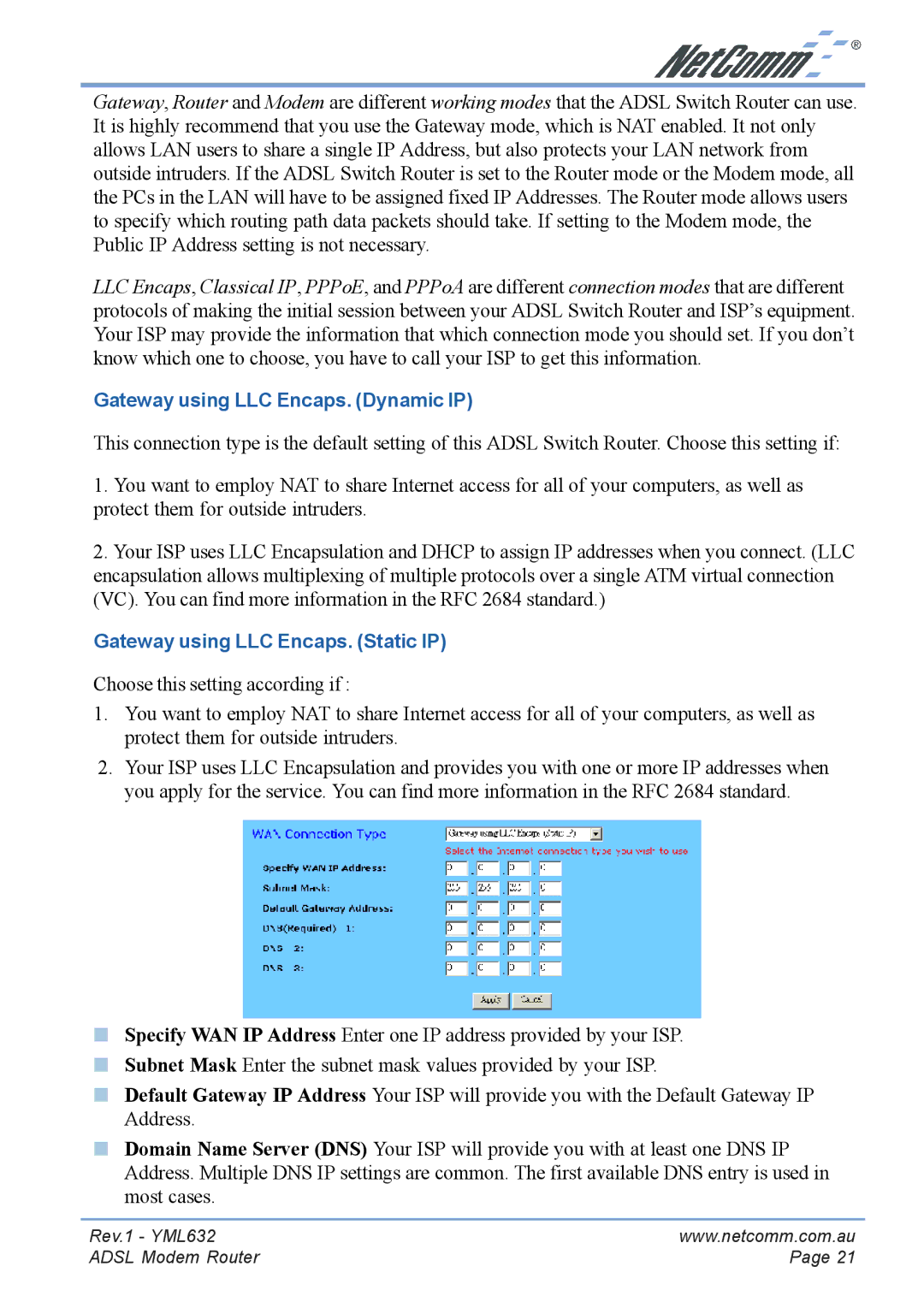 NetComm NB3300 manual Gateway using LLC Encaps. Dynamic IP, Gateway using LLC Encaps. Static IP 