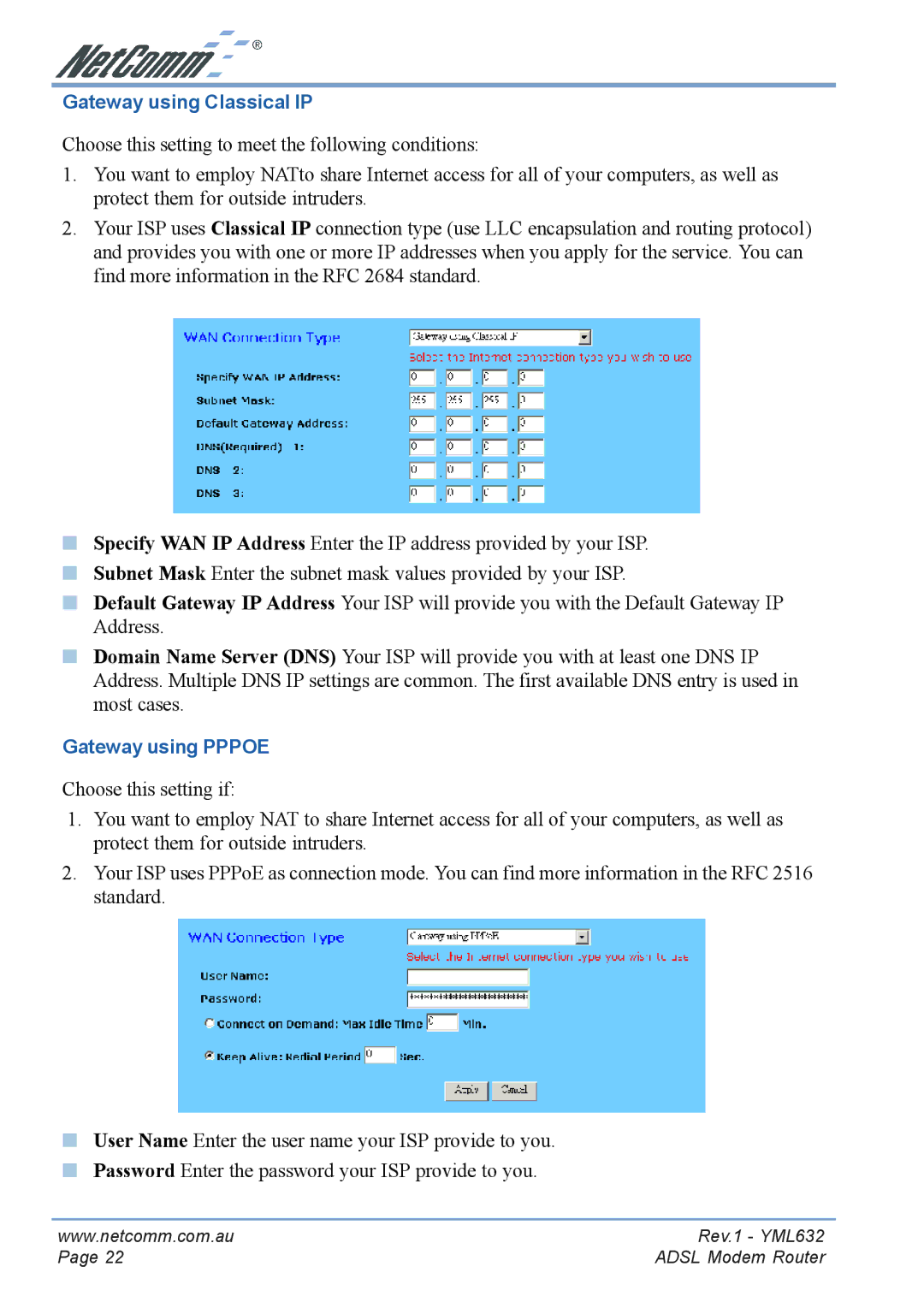 NetComm NB3300 manual Gateway using Classical IP, Gateway using Pppoe 