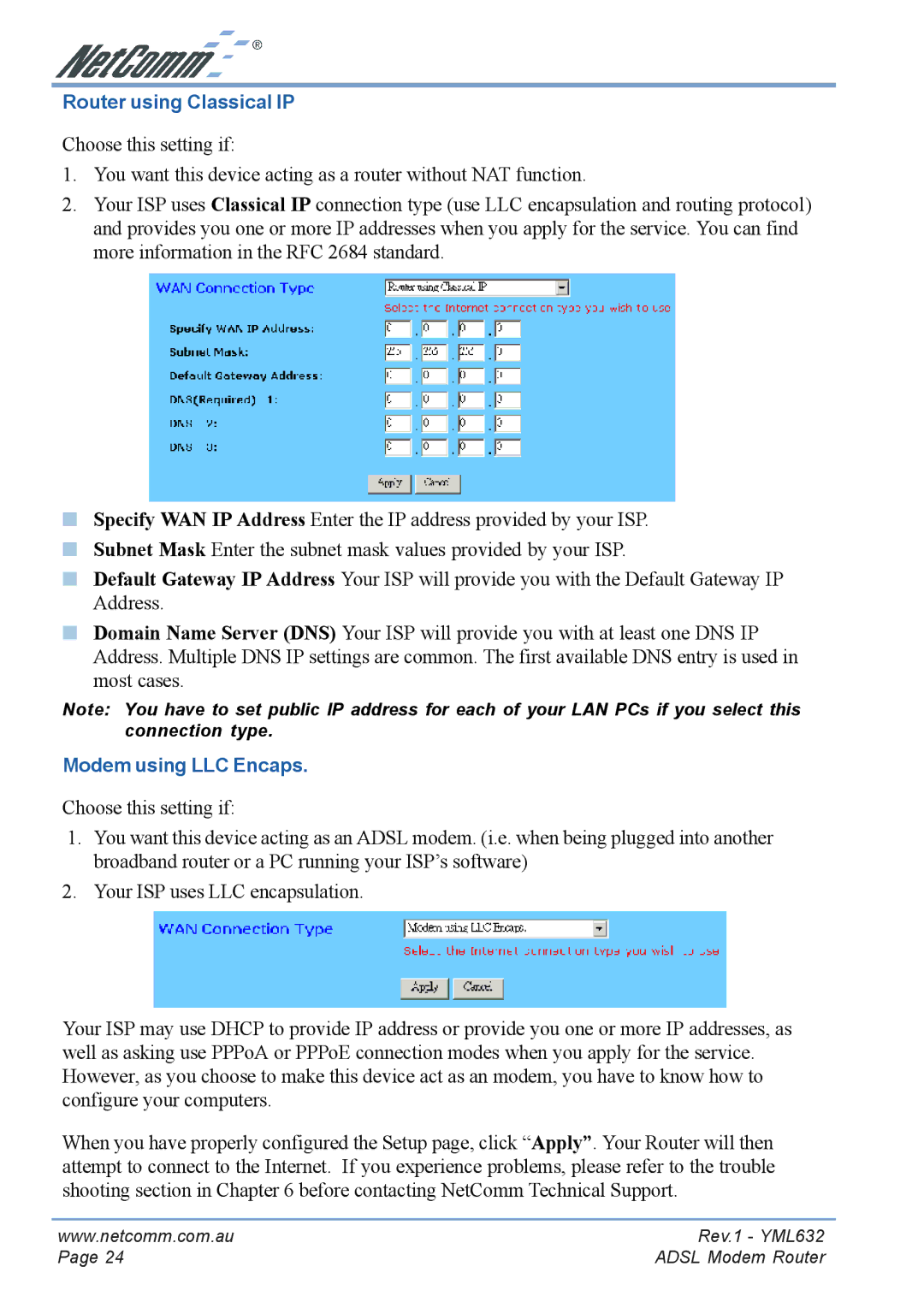 NetComm NB3300 manual Router using Classical IP, Modem using LLC Encaps 