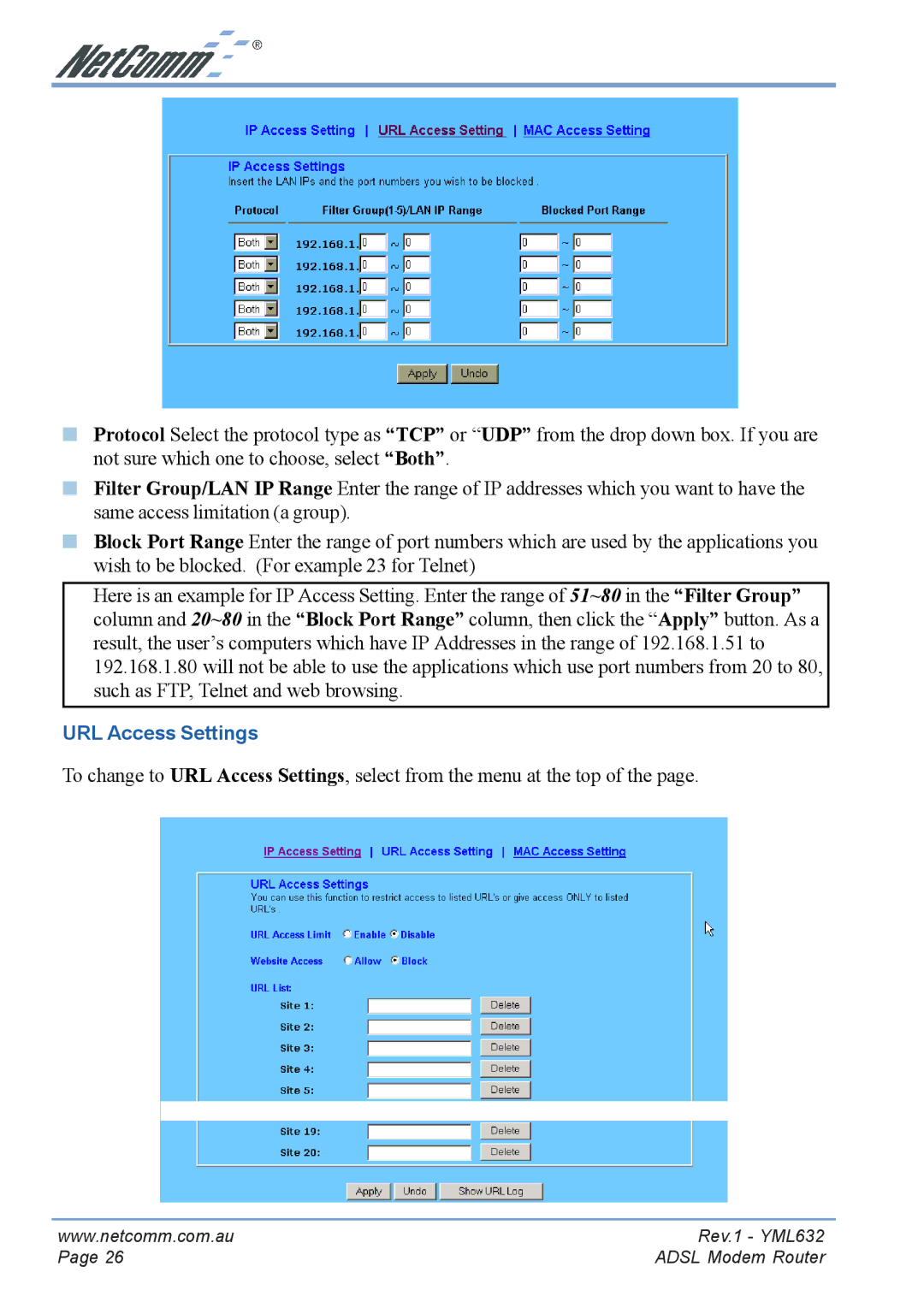 NetComm NB3300 manual URL Access Settings 