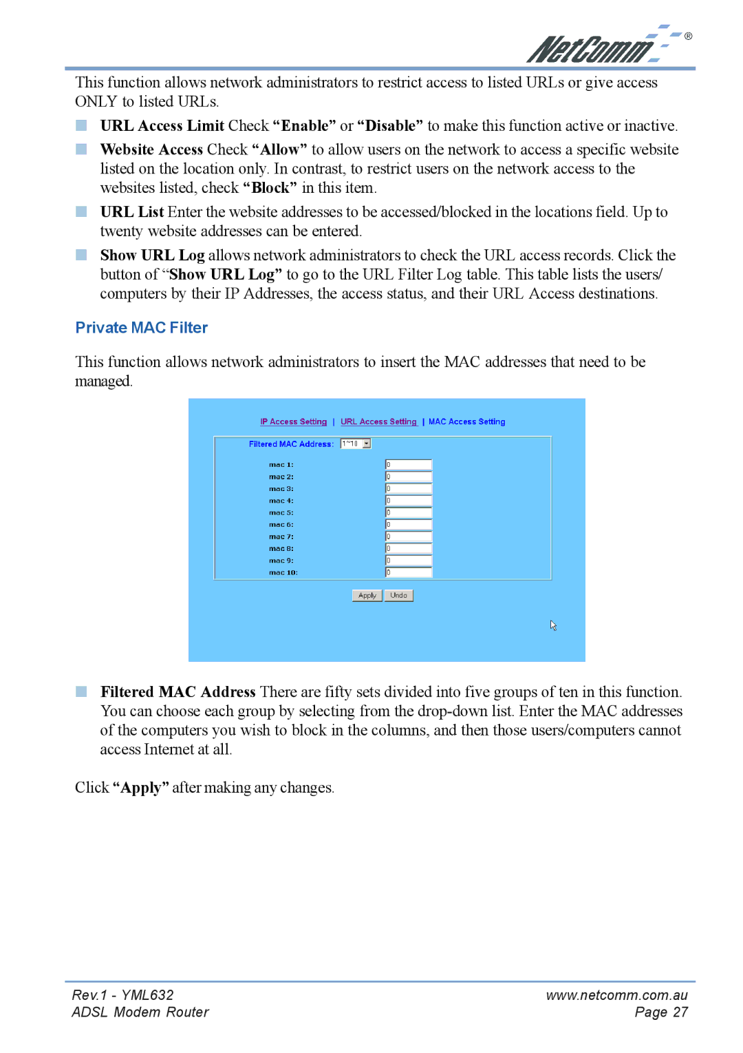 NetComm NB3300 manual Private MAC Filter 