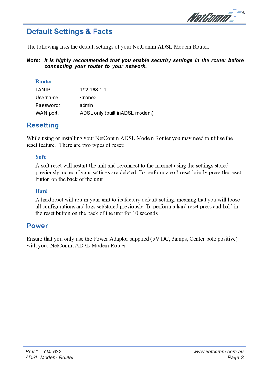 NetComm NB3300 manual Default Settings & Facts, Resetting, Power 