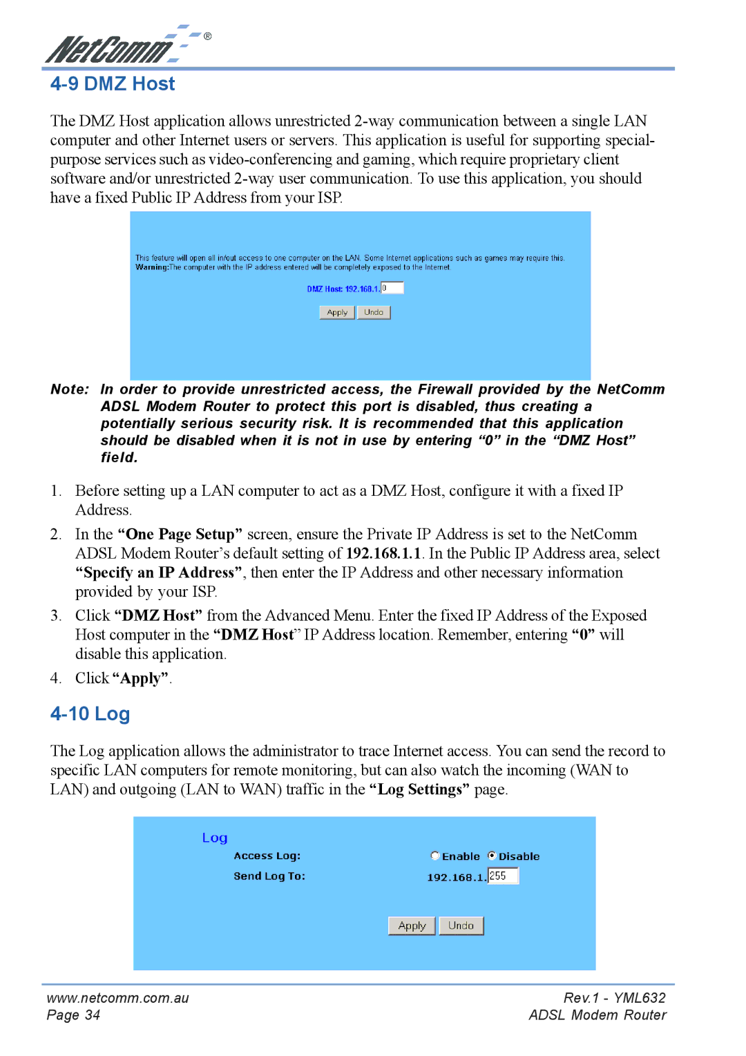 NetComm NB3300 manual DMZ Host, 10 Log 