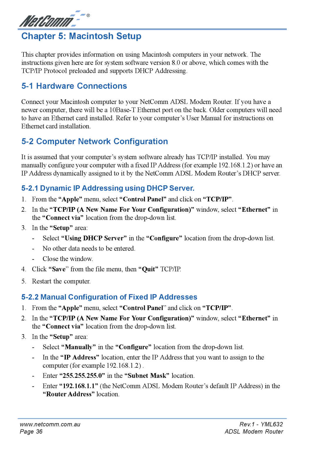 NetComm NB3300 manual Macintosh Setup, Hardware Connections Computer Network Configuration 