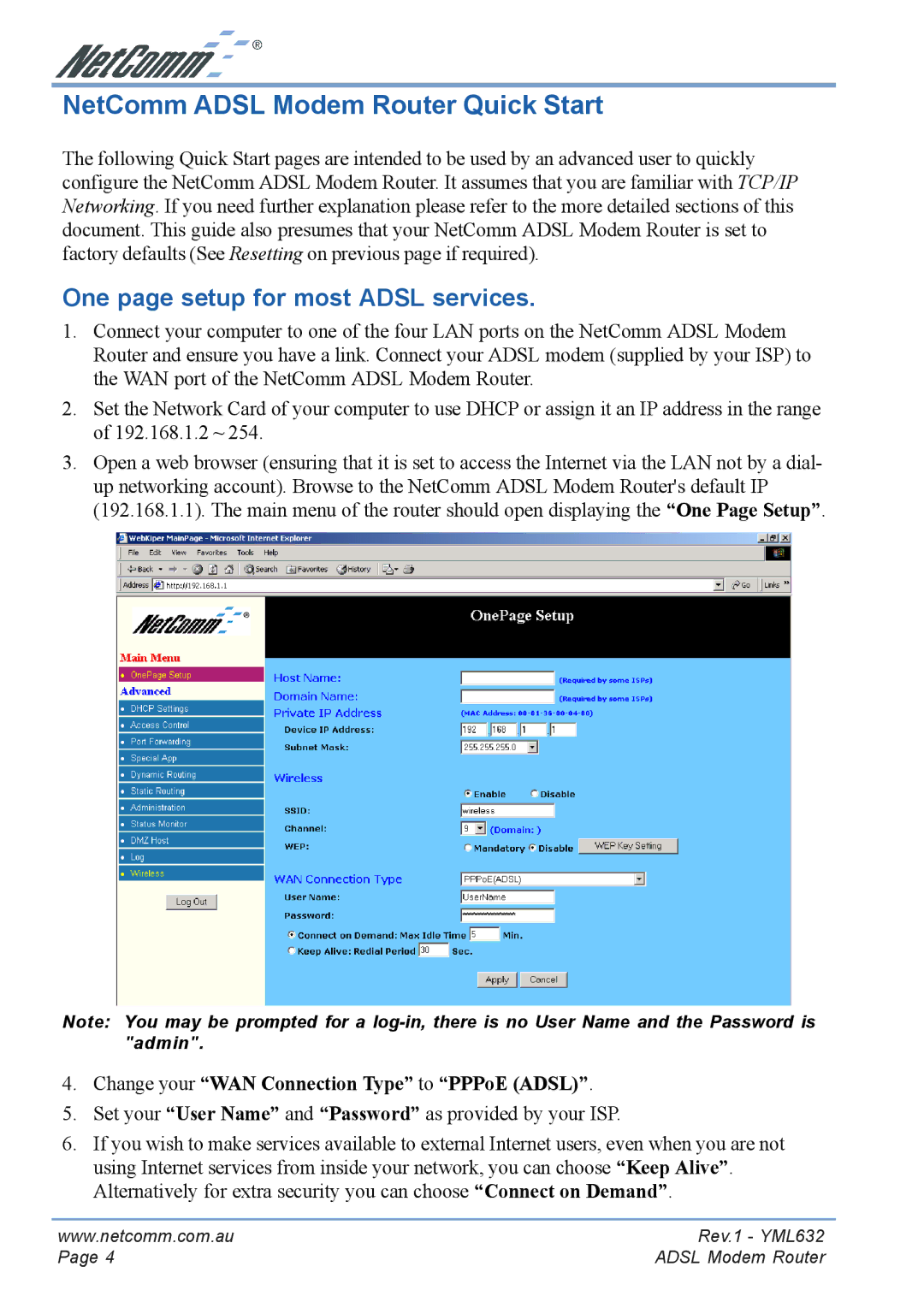 NetComm NB3300 manual NetComm Adsl Modem Router Quick Start, One page setup for most Adsl services 