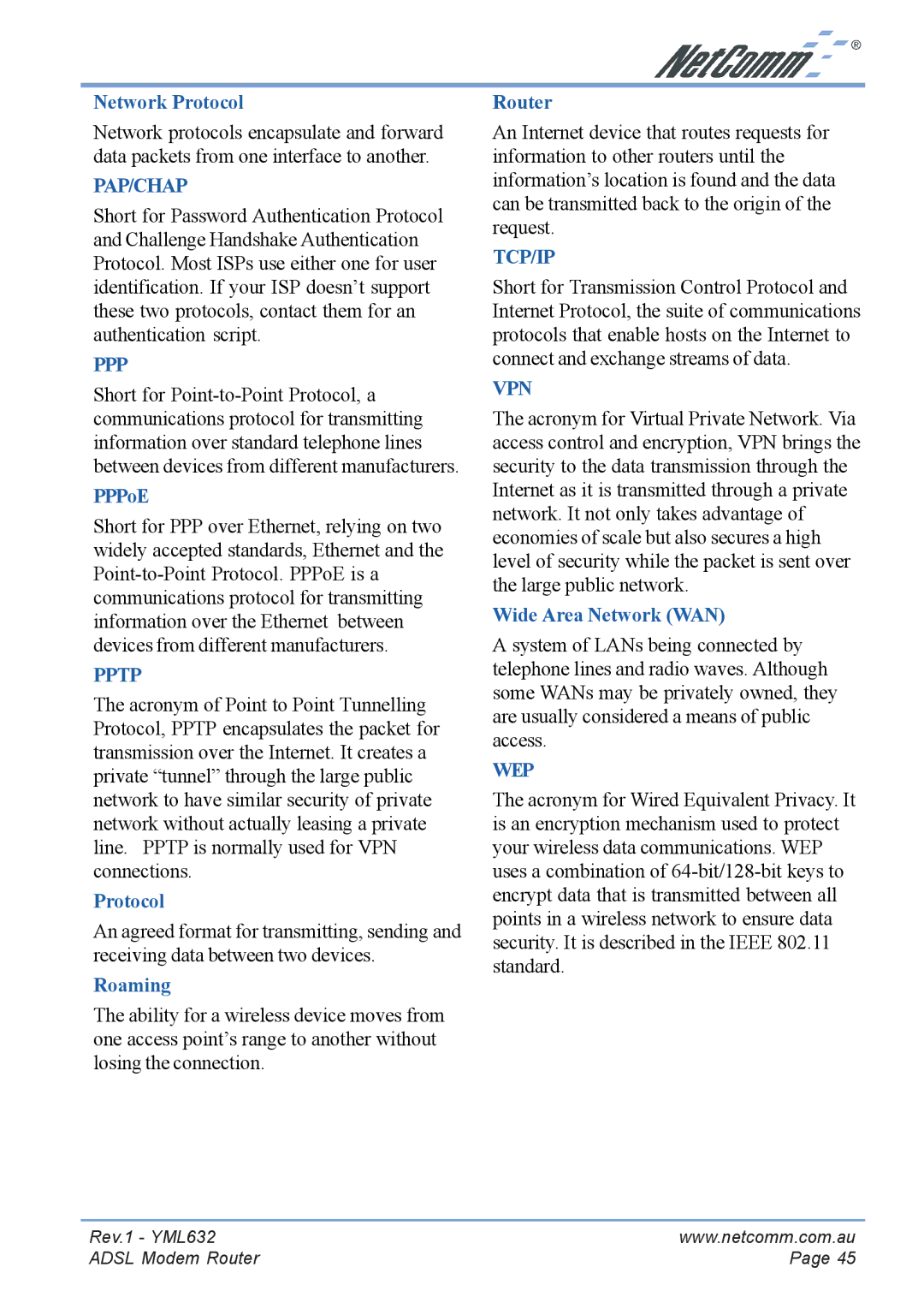 NetComm NB3300 manual Network Protocol, PPPoE, Roaming, Wide Area Network WAN 