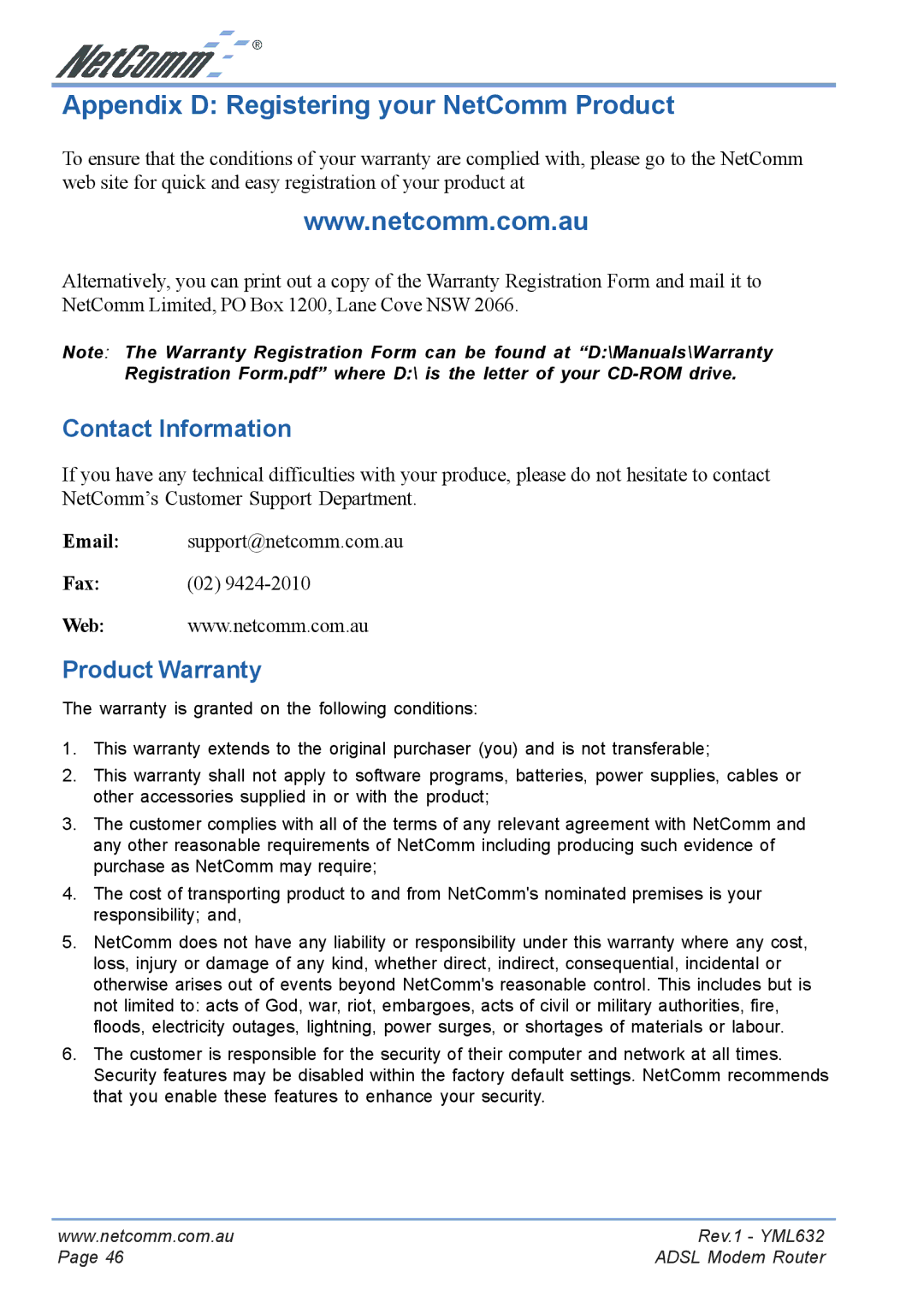 NetComm NB3300 manual Appendix D Registering your NetComm Product, Contact Information, Product Warranty 