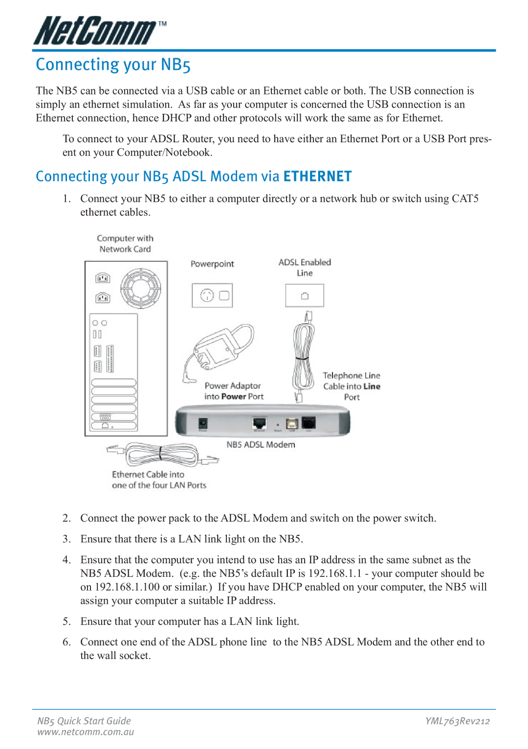 NetComm manual Connecting your NB5 Adsl Modem via Ethernet 