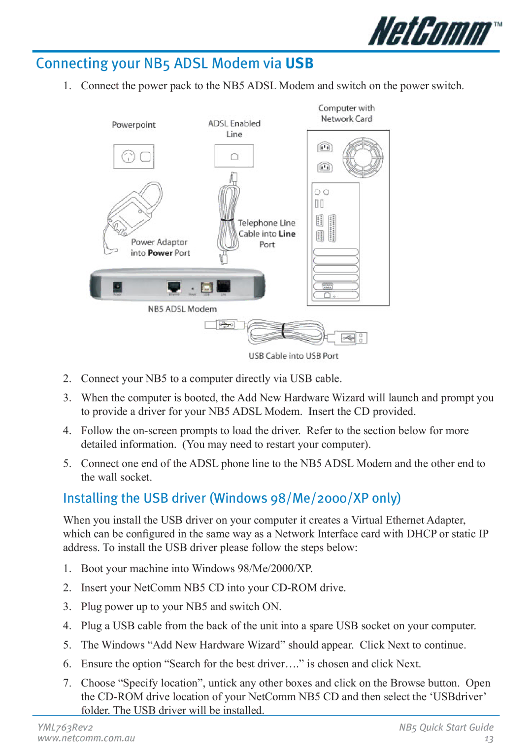 NetComm manual Connecting your NB5 Adsl Modem via USB, Installing the USB driver Windows 98/Me/2000/XP only 