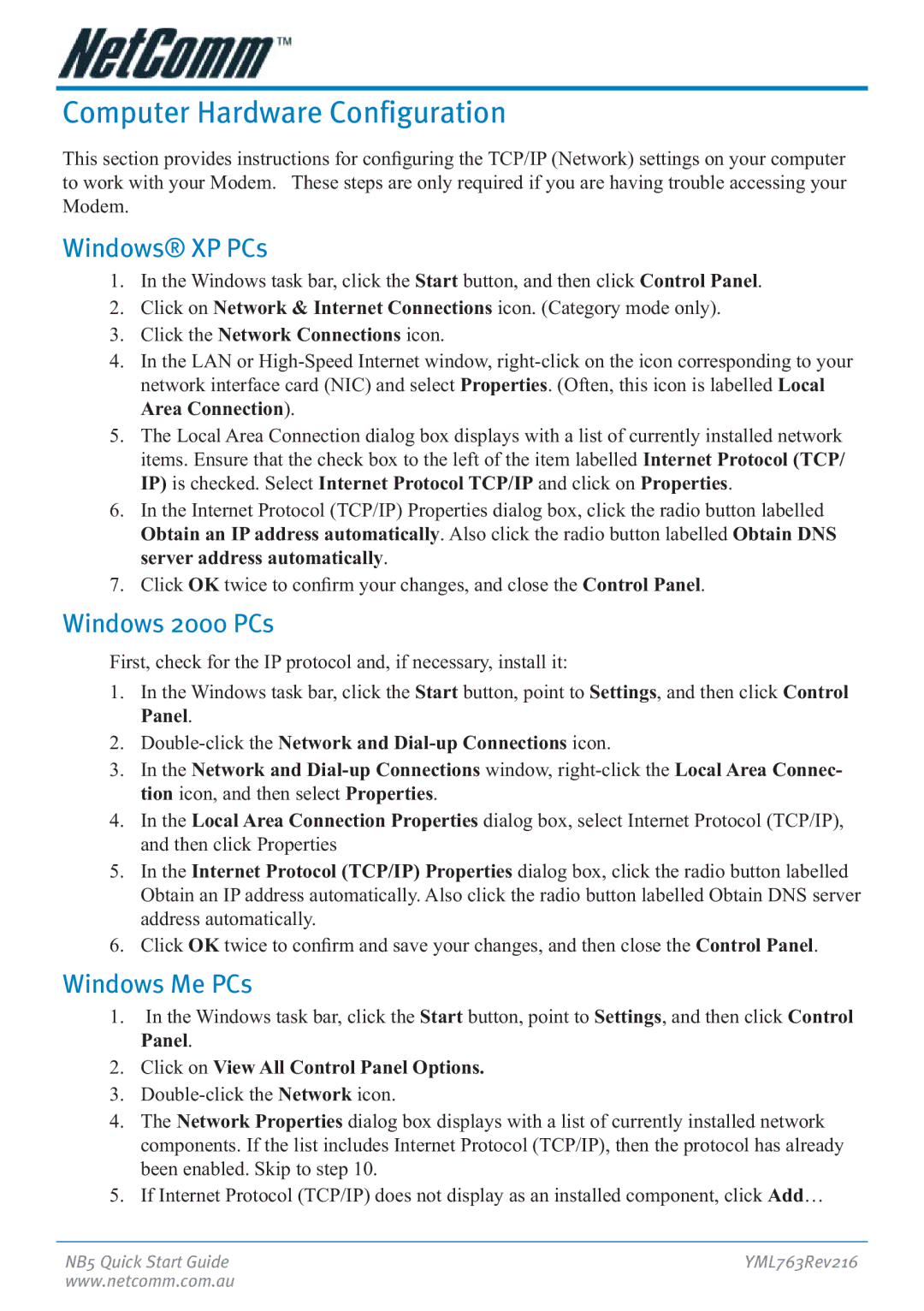 NetComm NB5 manual Computer Hardware Configuration, Windows XP PCs, Windows 2000 PCs, Windows Me PCs 