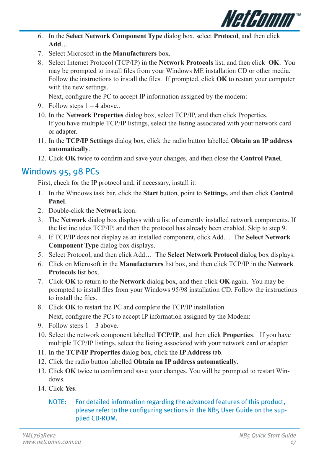 NetComm NB5 manual Windows 95, 98 PCs 