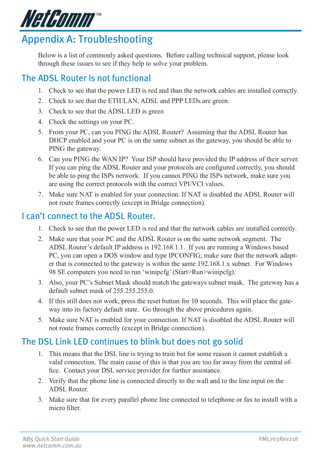 NetComm NB5 manual Appendix a Troubleshooting, Adsl Router is not functional, Can’t connect to the Adsl Router 