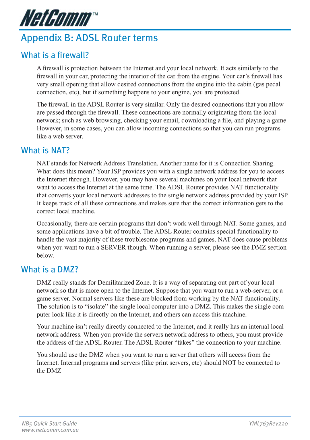 NetComm NB5 manual Appendix B Adsl Router terms, What is a firewall?, What is NAT?, What is a DMZ? 