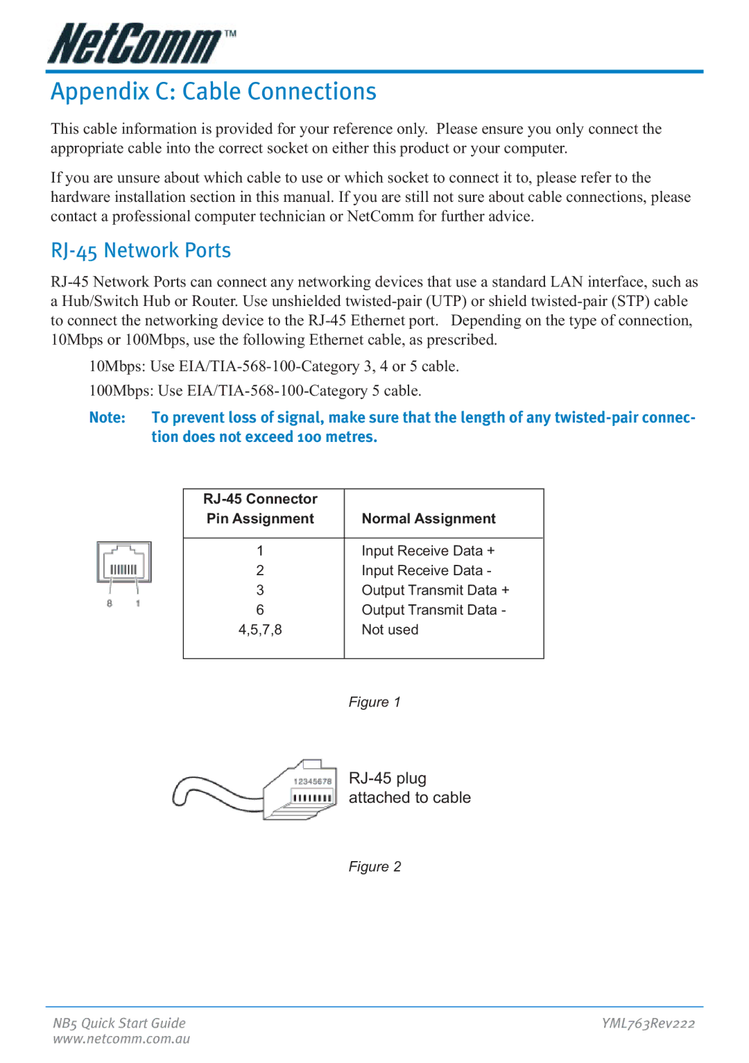 NetComm NB5 manual Appendix C Cable Connections, RJ-45 Network Ports 