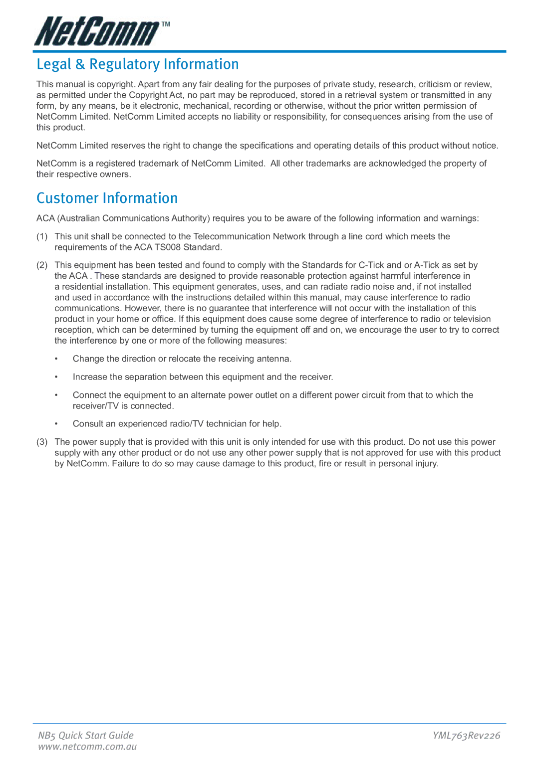 NetComm NB5 manual Legal & Regulatory Information, Customer Information 