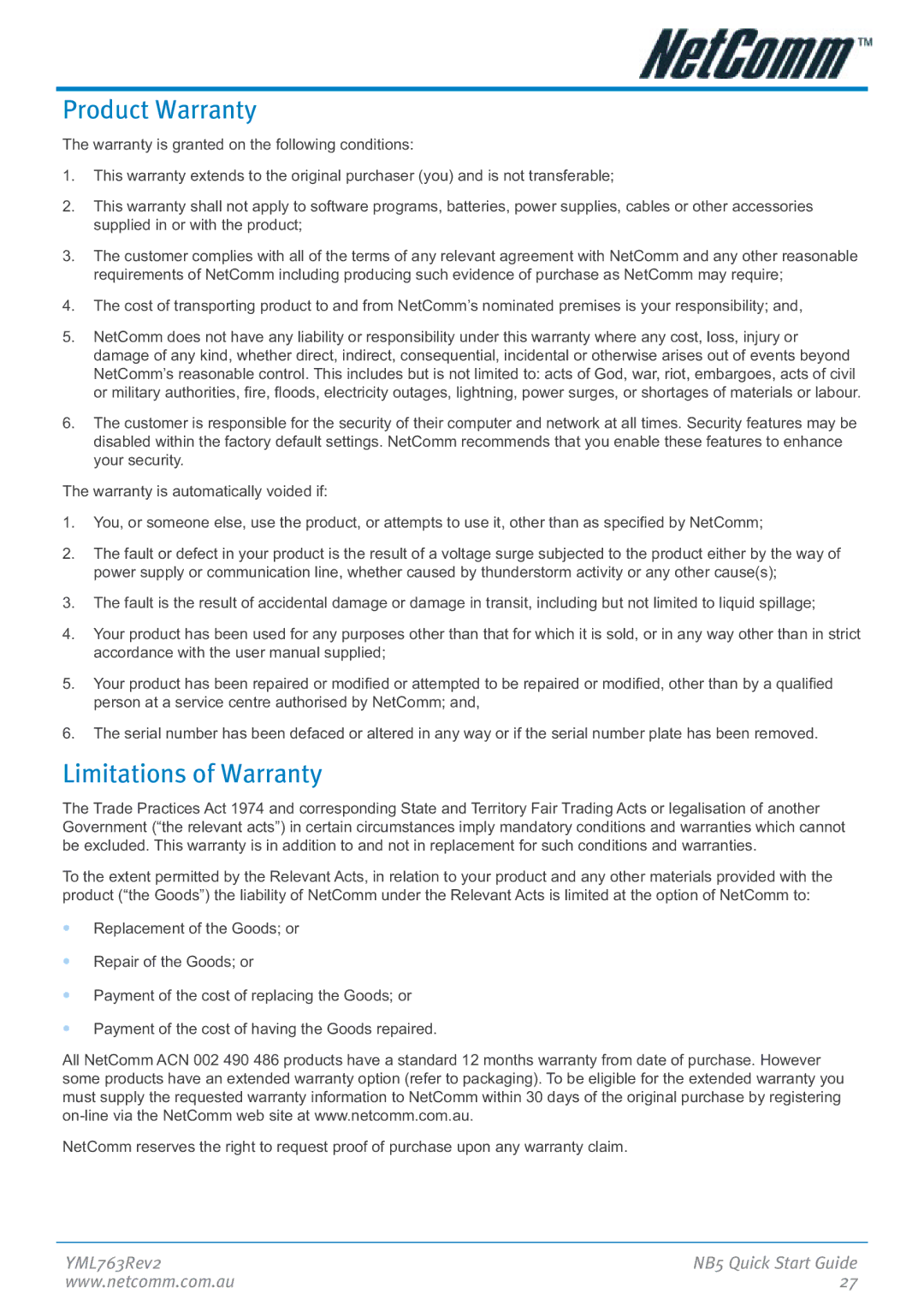 NetComm NB5 manual Product Warranty, Limitations of Warranty 