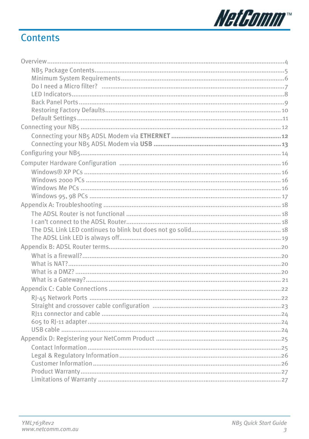 NetComm NB5 manual Contents 