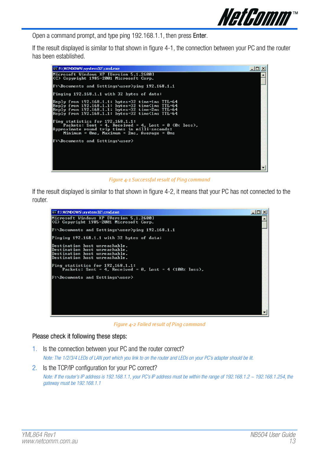 NetComm NB504 manual Successful result of Ping command 