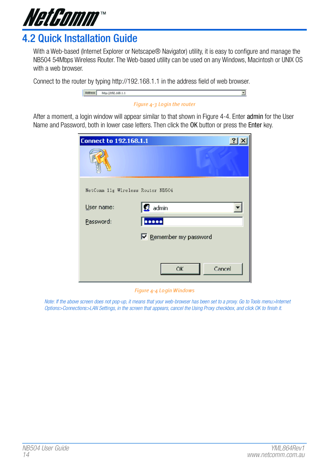 NetComm NB504 manual Quick Installation Guide, Login the router 