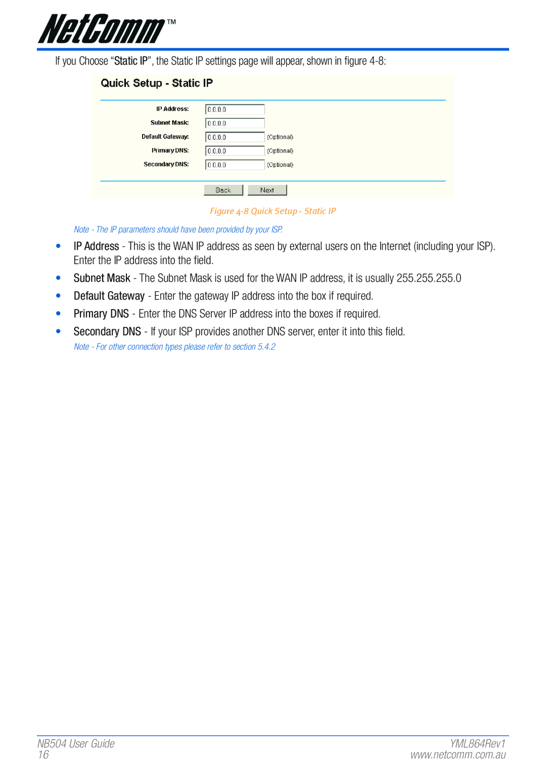 NetComm NB504 manual Quick Setup Static IP 