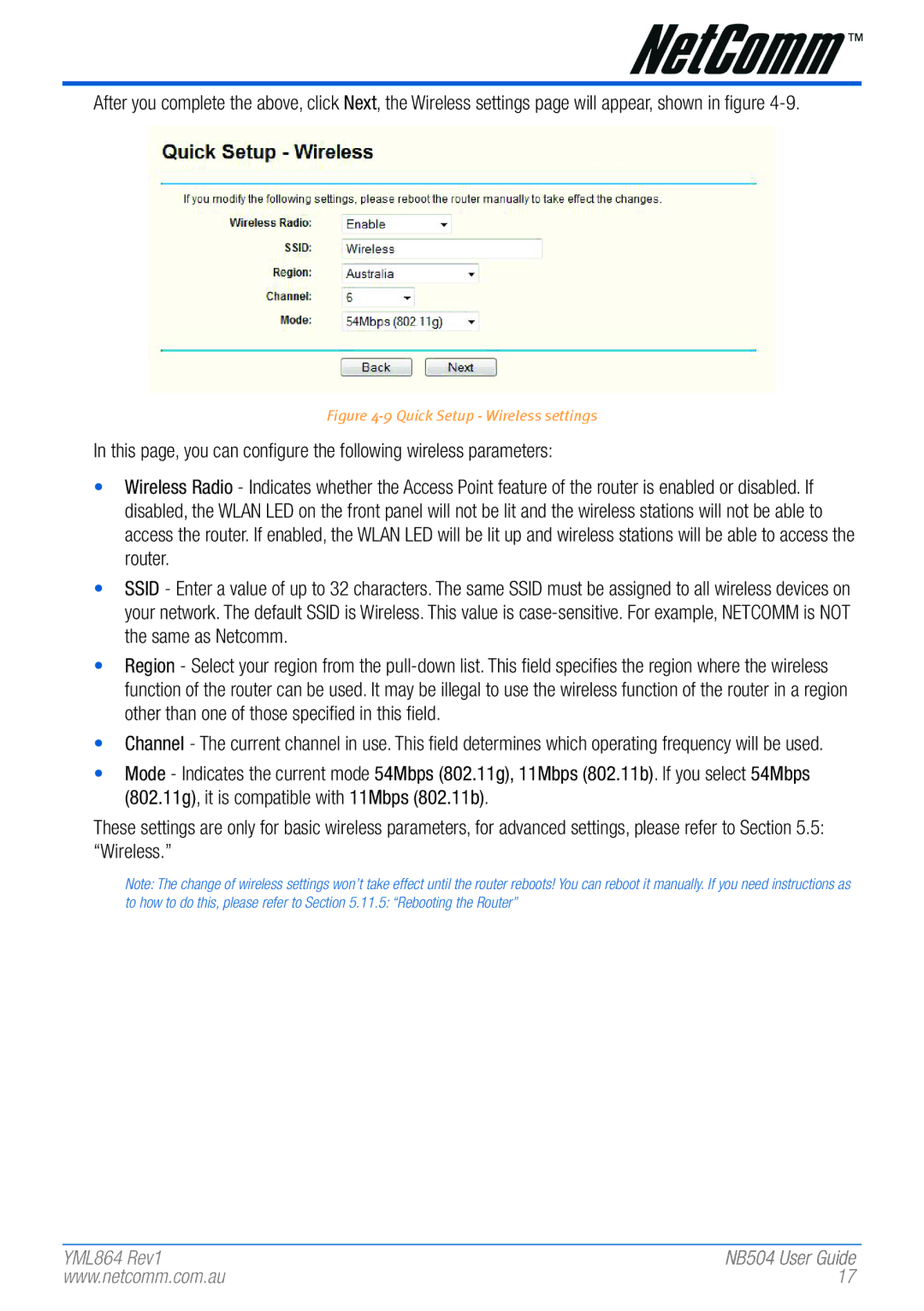 NetComm NB504 manual Quick Setup Wireless settings 