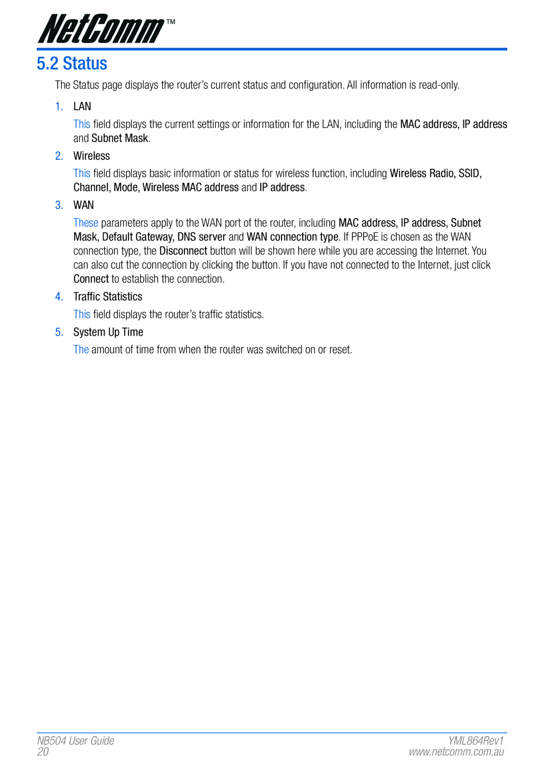 NetComm NB504 manual Status, Wan 