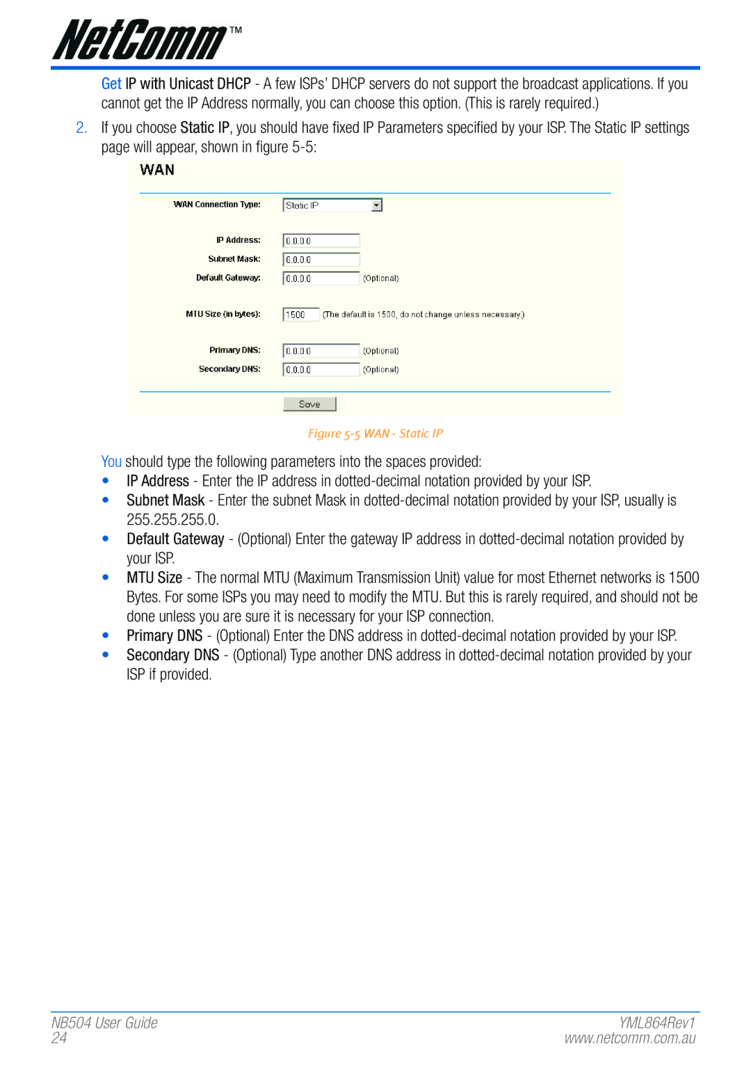 NetComm NB504 manual WAN Static IP 