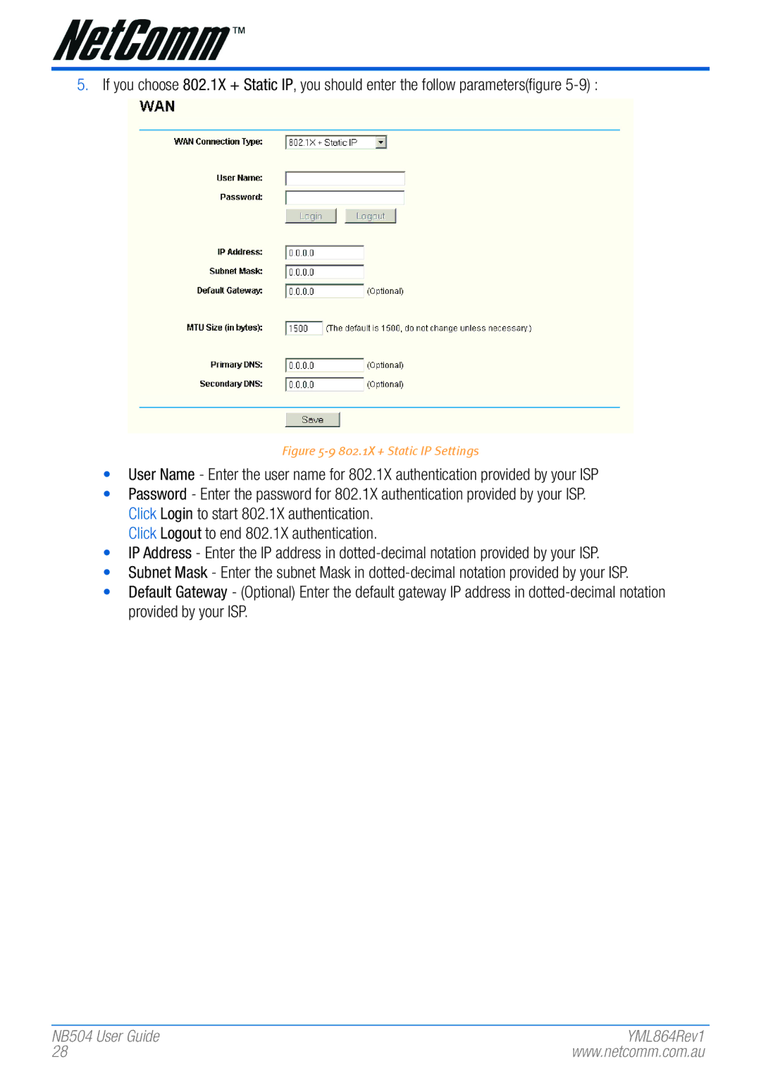 NetComm NB504 manual 802.1X + Static IP Settings 