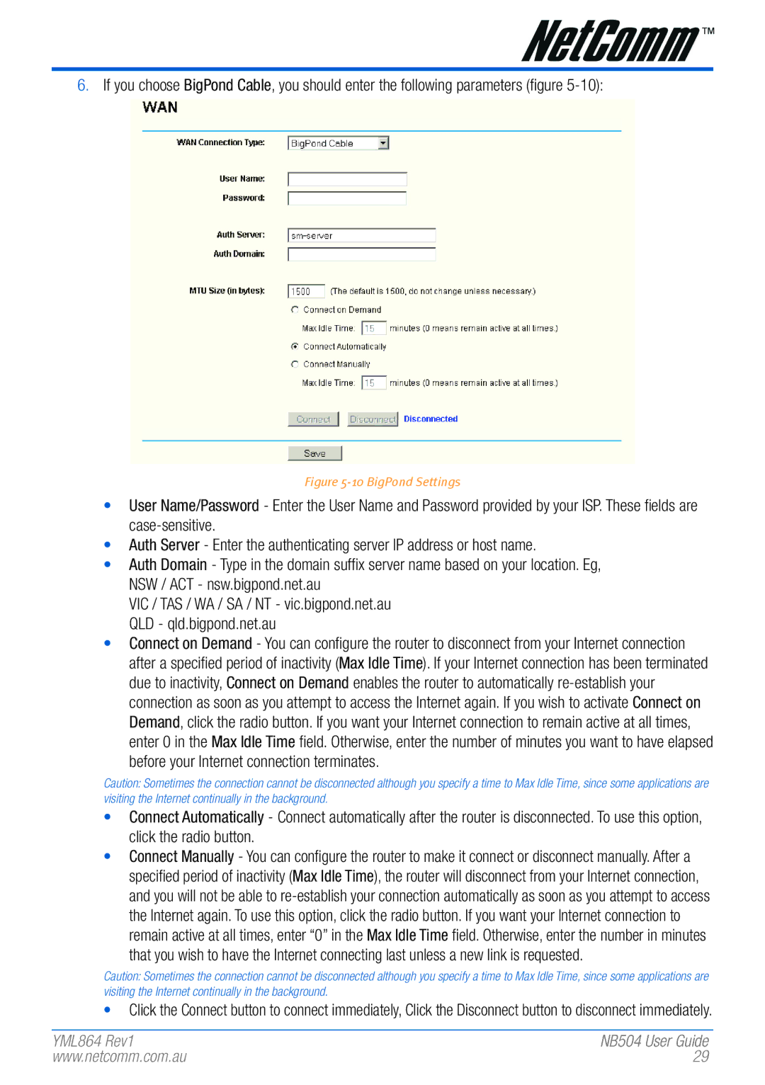 NetComm NB504 manual BigPond Settings 