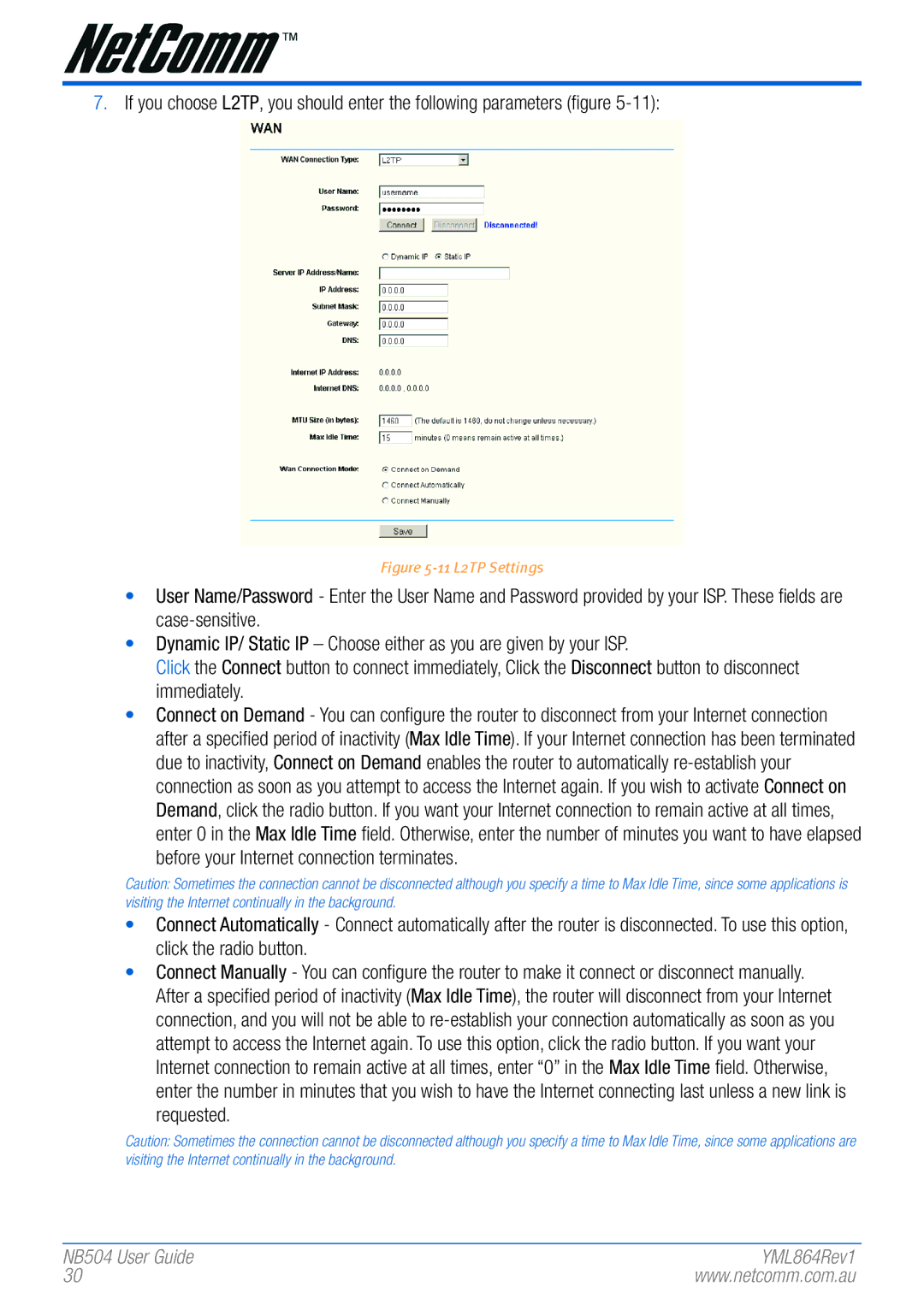 NetComm NB504 manual 11 L2TP Settings 