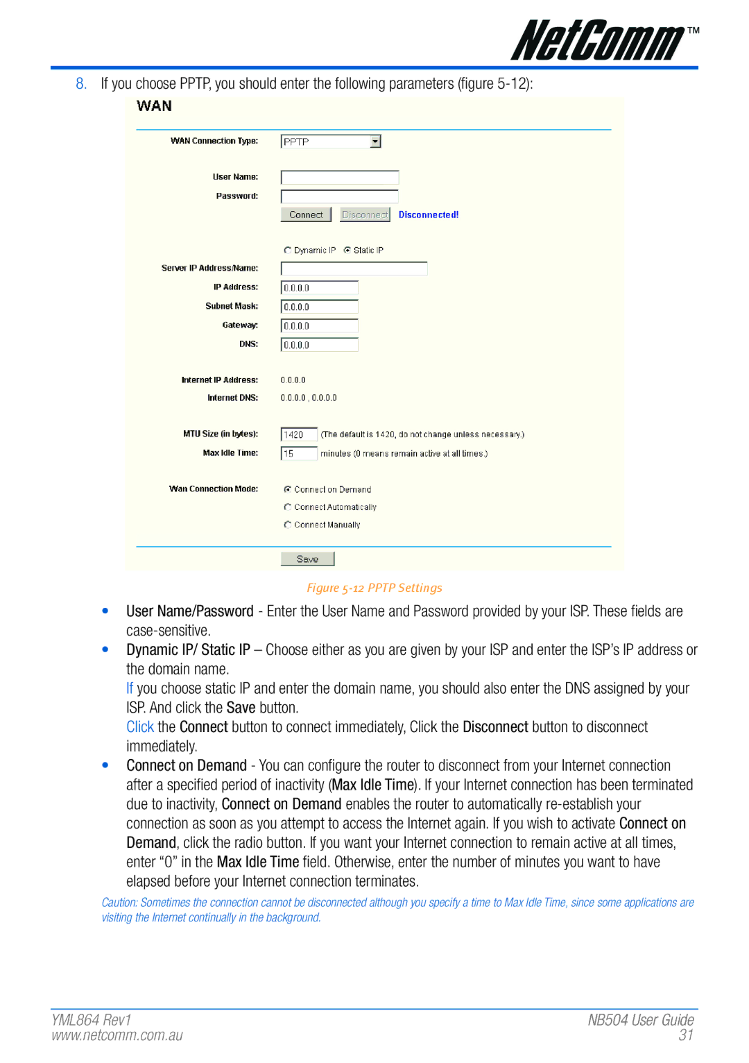 NetComm NB504 manual Pptp Settings 