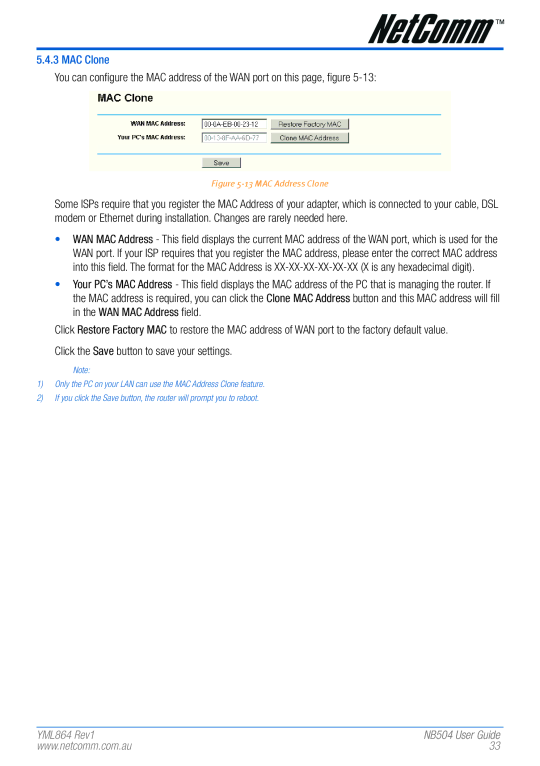 NetComm NB504 manual MAC Clone, MAC Address Clone 