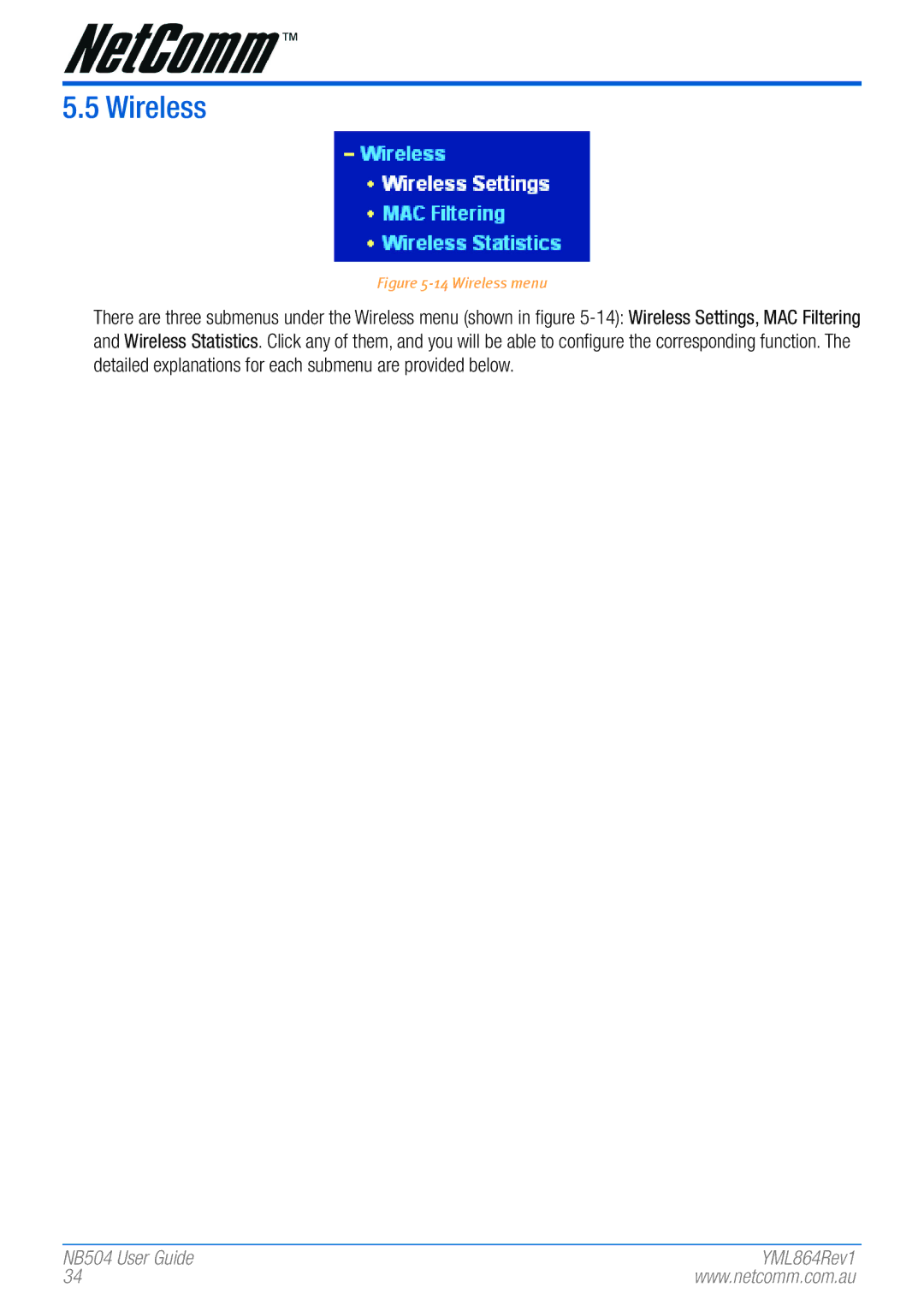 NetComm NB504 manual Wireless menu 