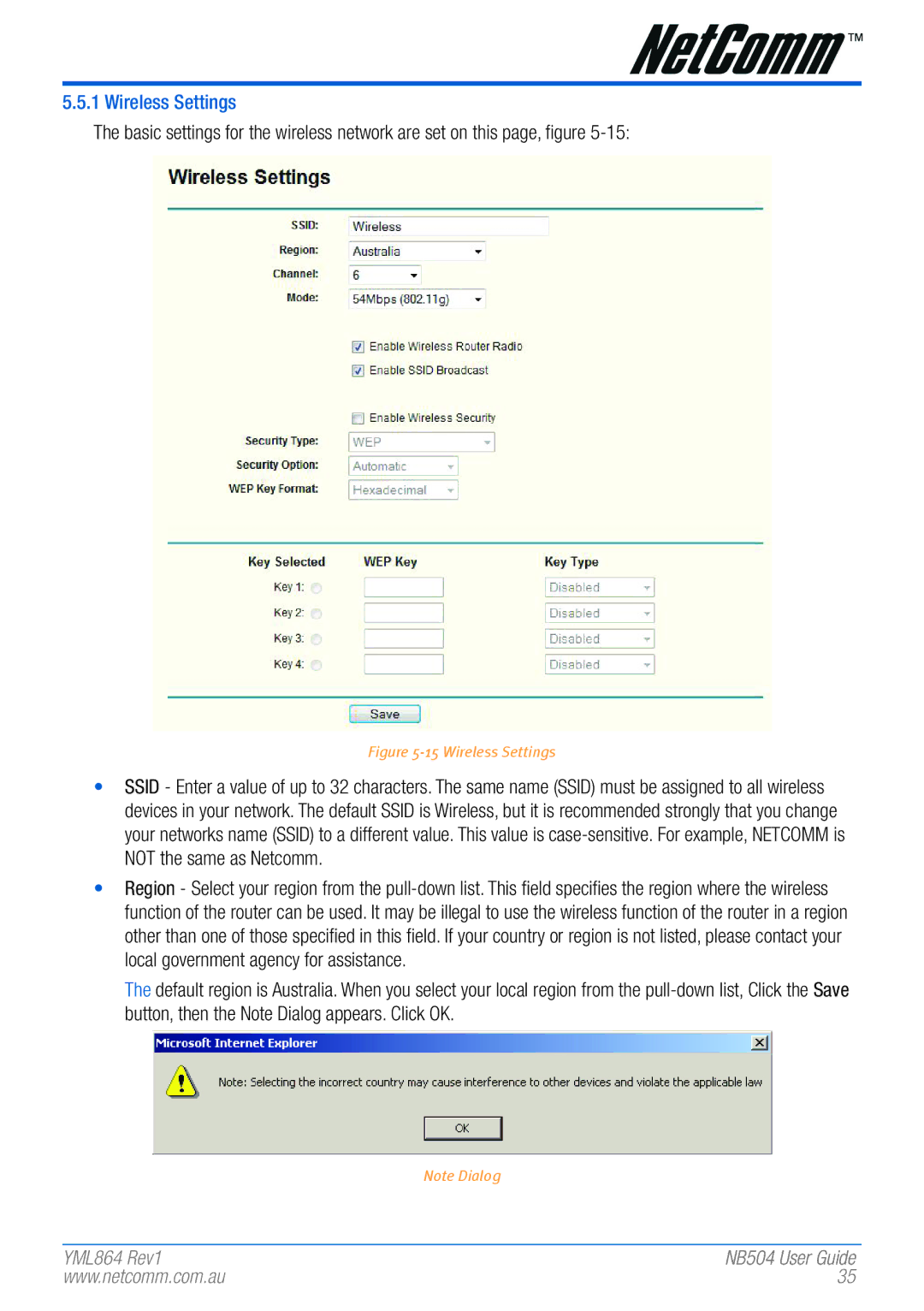 NetComm NB504 manual Wireless Settings 