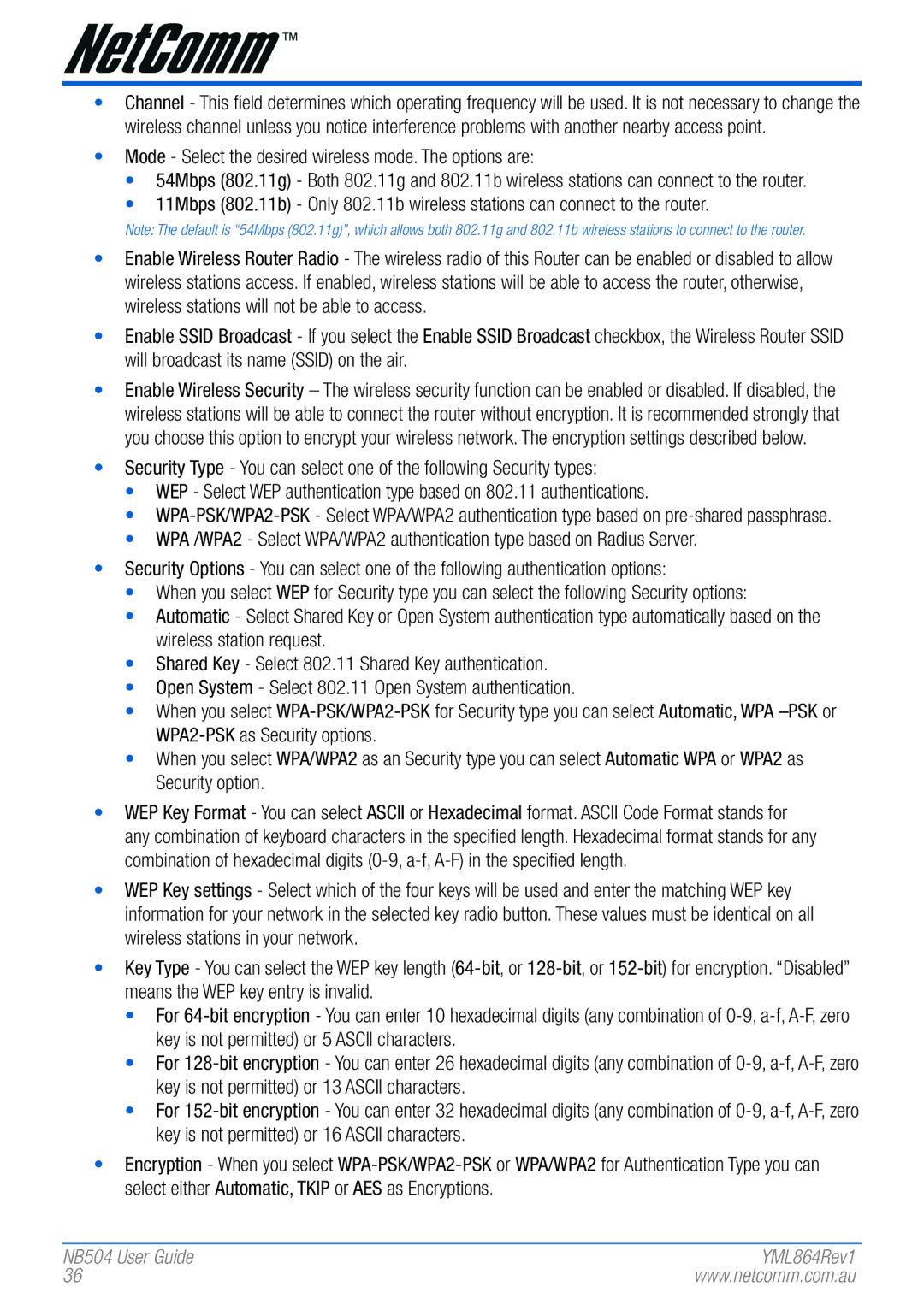 NetComm NB504 manual Mode Select the desired wireless mode. The options are 