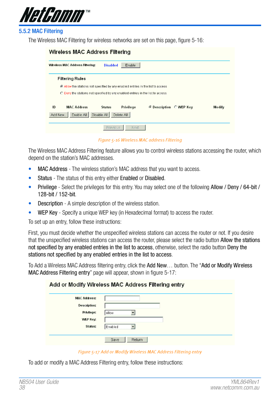 NetComm NB504 manual MAC Filtering, Wireless MAC address Filtering 