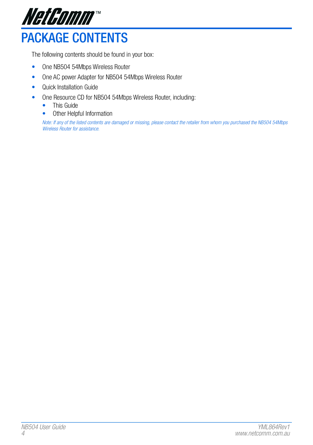 NetComm NB504 manual Package contents 