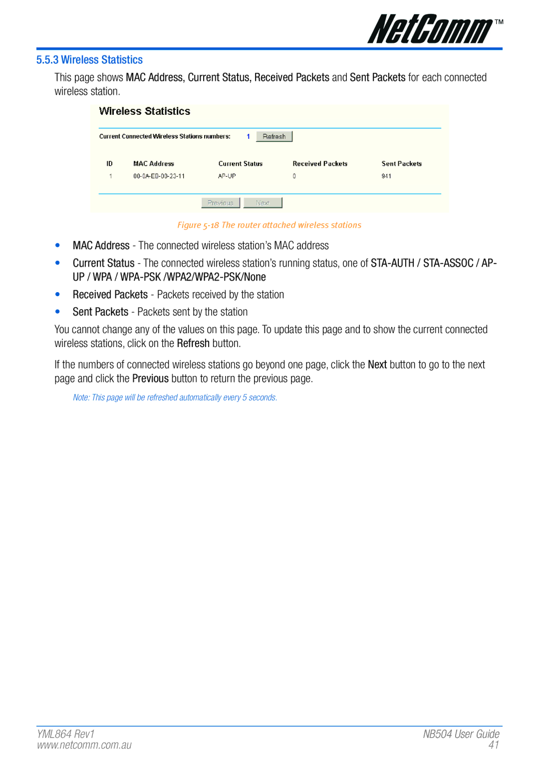 NetComm NB504 manual Wireless Statistics, The router attached wireless stations 