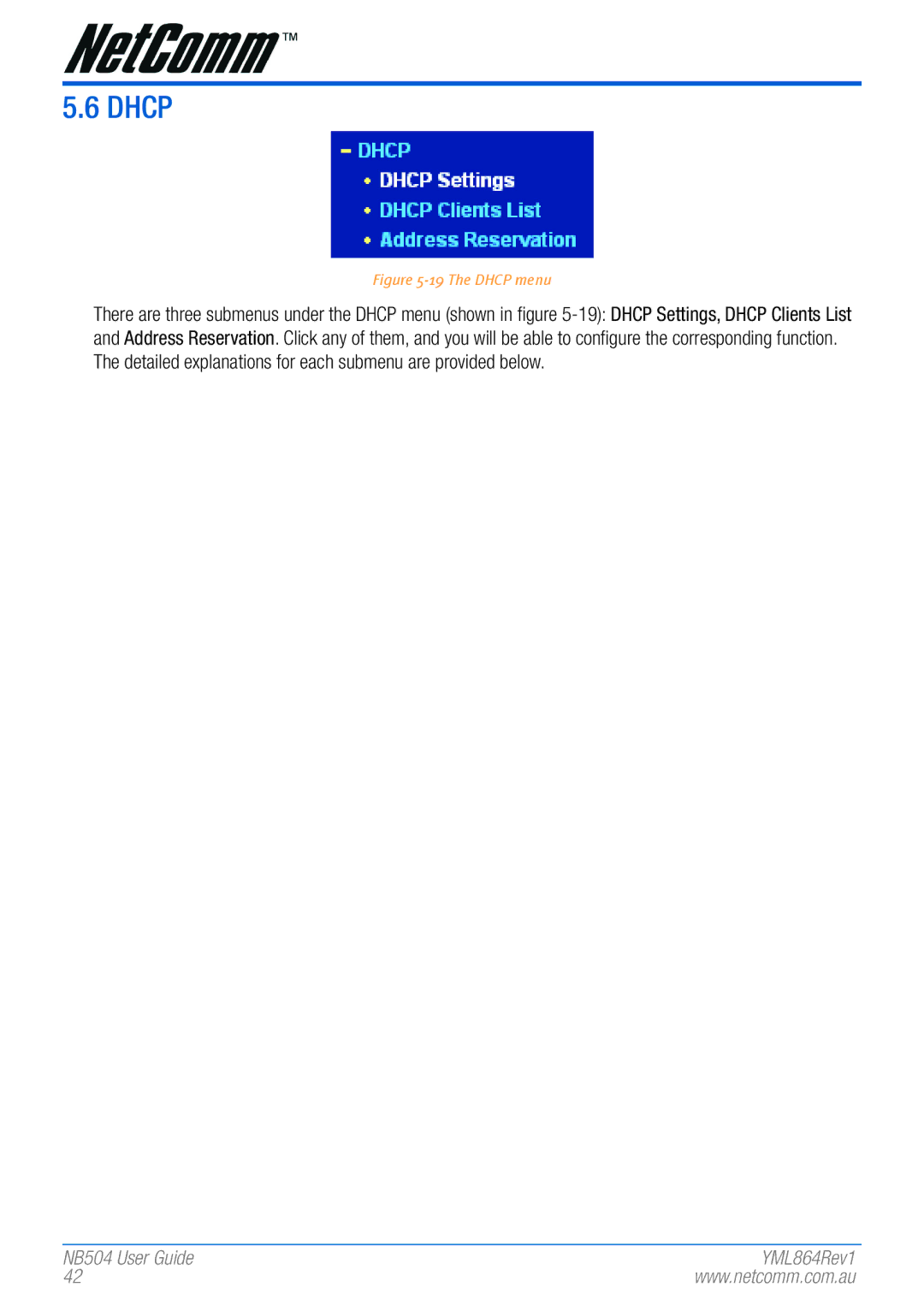 NetComm NB504 manual The Dhcp menu 