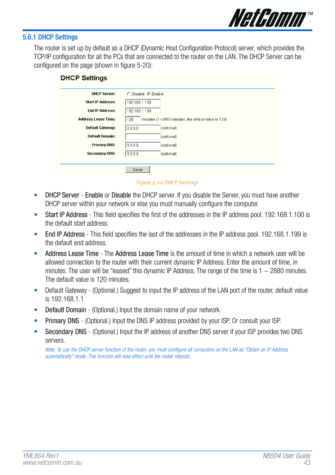 NetComm NB504 manual Dhcp Settings 