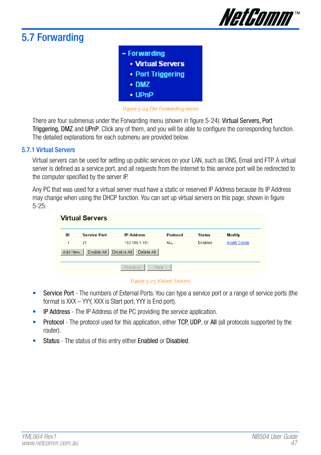 NetComm NB504 manual Forwarding, Virtual Servers 