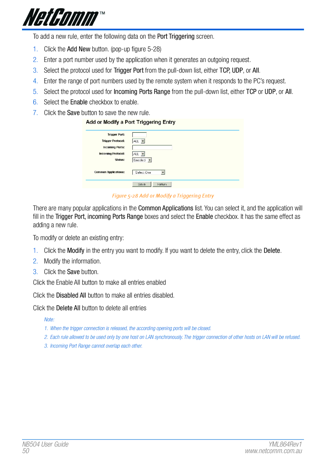 NetComm NB504 manual Add or Modify a Triggering Entry 