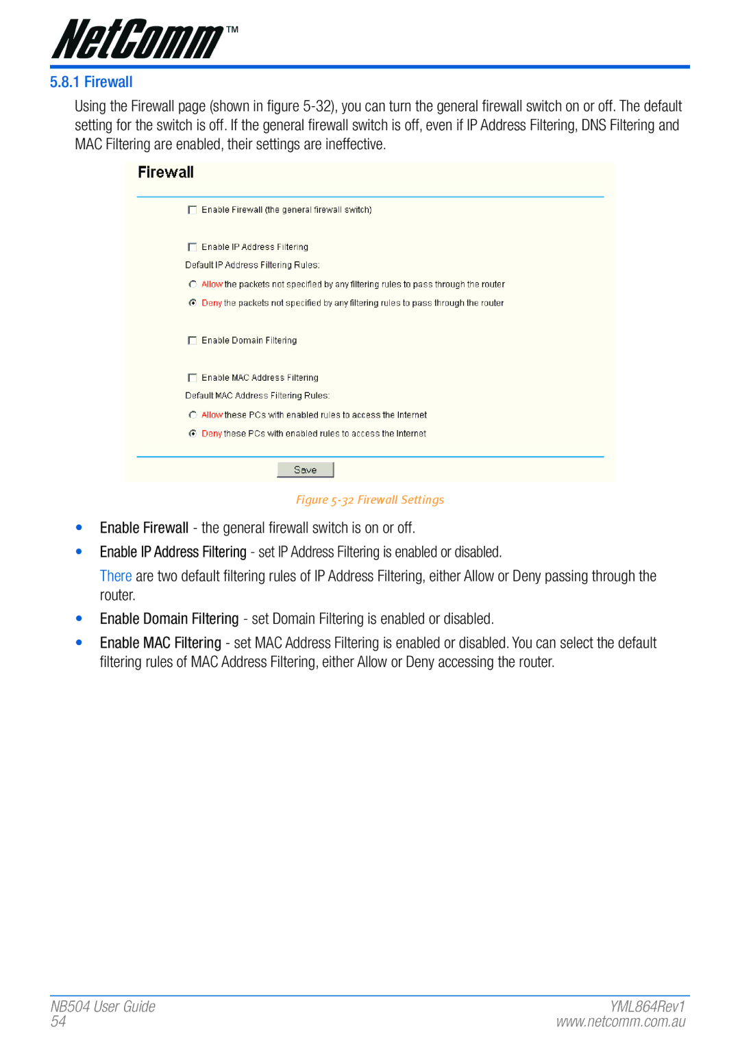 NetComm NB504 manual Firewall Settings 