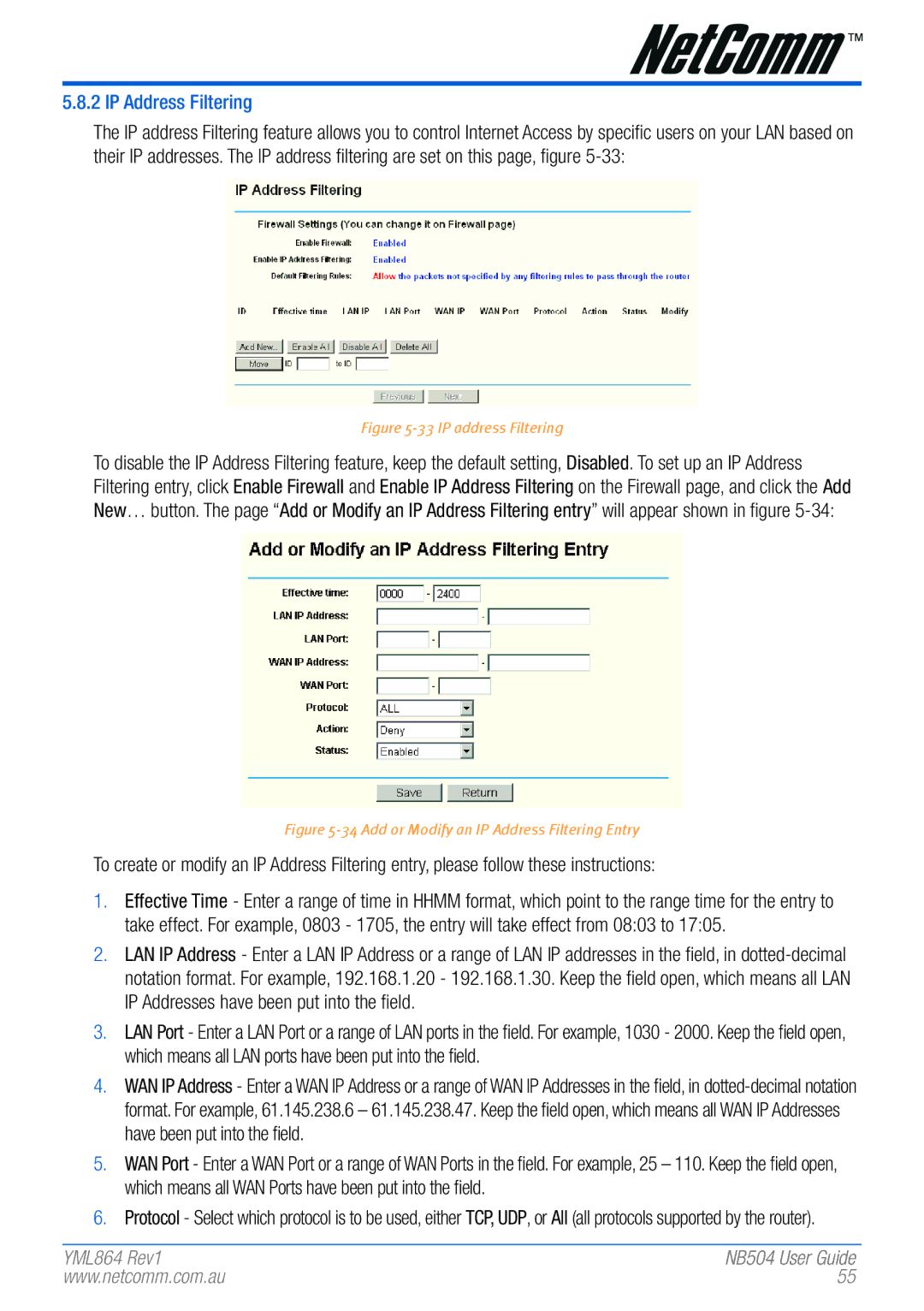 NetComm NB504 manual IP Address Filtering, IP address Filtering 